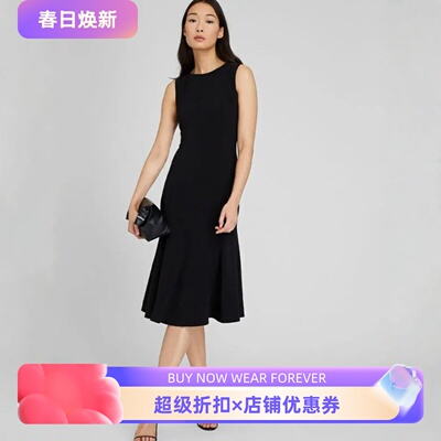 UNI CLOSET黑色圆领连衣裙通勤裙高腰修身无袖微A字显瘦干练