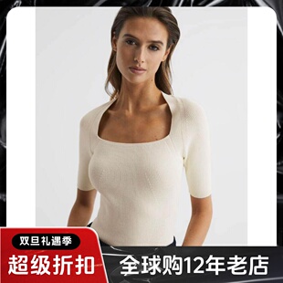 REISS短袖针织衫乳白色方领短款修身竖坑条简约淑女通勤气质百搭