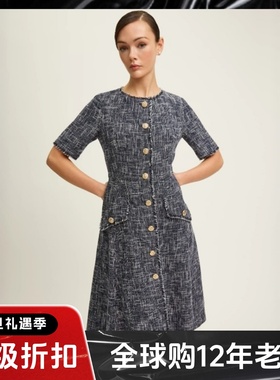 LK BENNETT短袖连衣裙微A字斑驳靛蓝色对称口袋气质通勤OL风