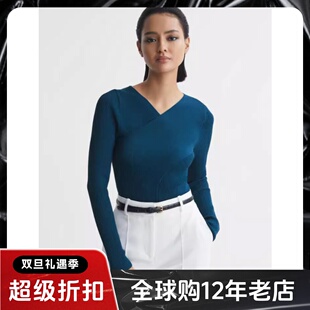 REISS青蓝色针织衫毛衣上衣交叉V领短款纯色简约气质通勤OL显瘦