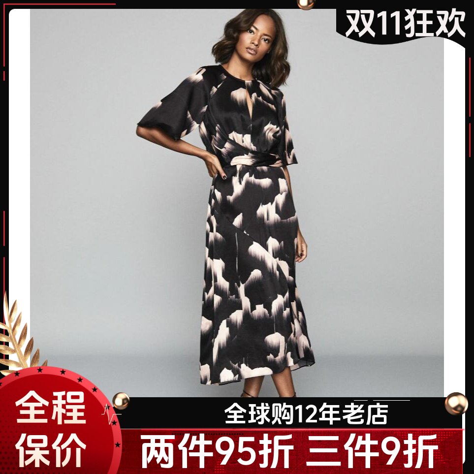 REISS短袖连衣裙休闲度假裙中长黑色印花微露背裹腰优雅英伦气质