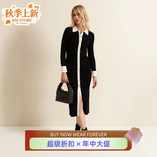 Phase Eight长袖连衣裙中长款H型衬衫领白色拼色优雅大气显瘦修身