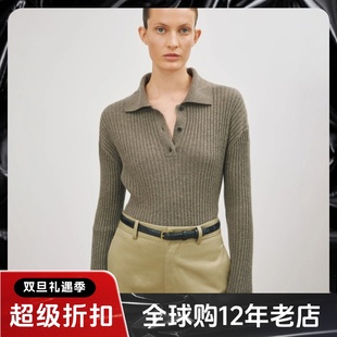 UNI CLOSET羊毛毛衣针织衫POLO领灰绿色竖条纹简约日常通勤气质