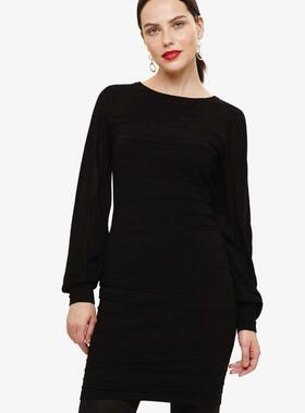 Phase Eight黑色长袖连衣裙包臀一步裙高腰修身立体条纹通勤显瘦