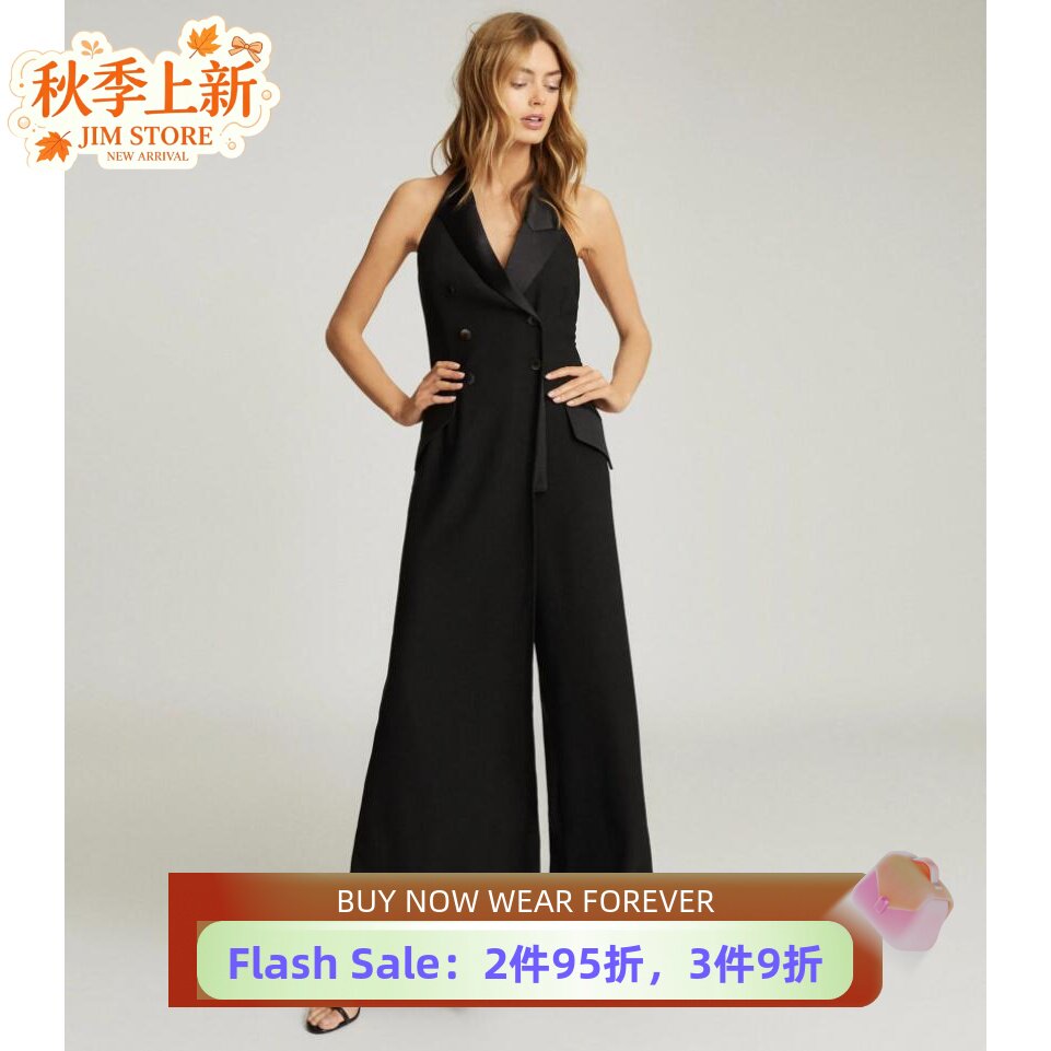 黑色西服领无袖露背英伦连体裤