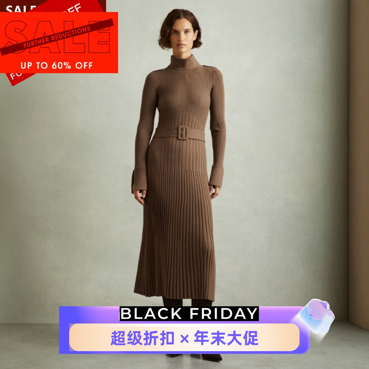 REISS长袖针织连衣裙中长包臀百褶裙配腰带摩卡色优雅气质百搭