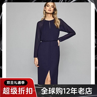 中长纯色一步裙通勤露背reiss代购 REISS俞飞鸿同款 连衣裙纱长袖