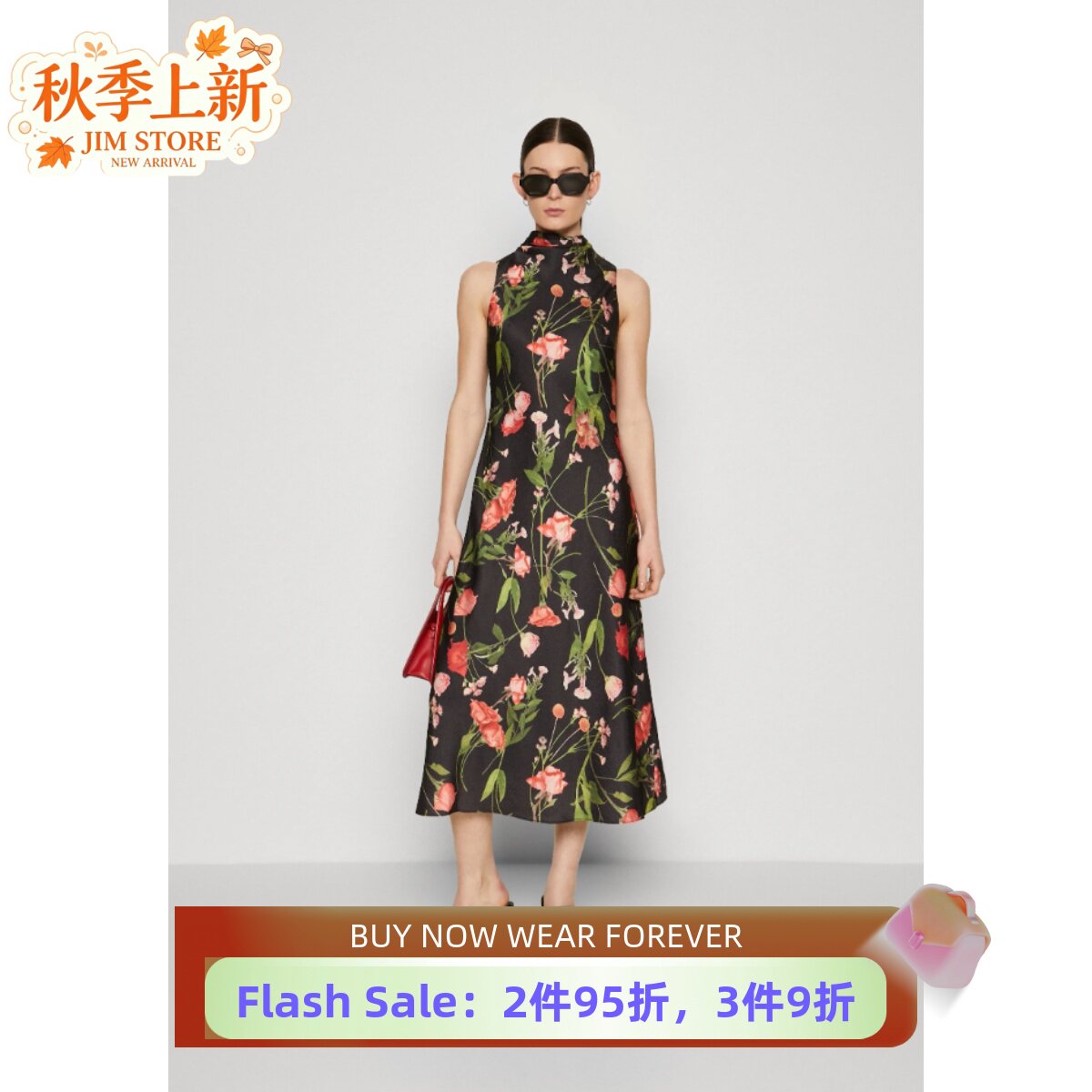 TED BAKER连衣裙黑印花碎花中长款无袖系带飘带优雅英伦气质显瘦