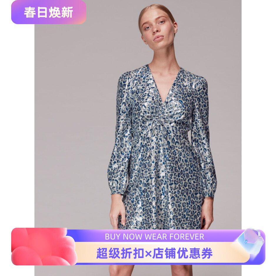 WHISTLES长袖连衣裙真丝混纺蓝色豹纹V领褶做高腰修身气质礼服