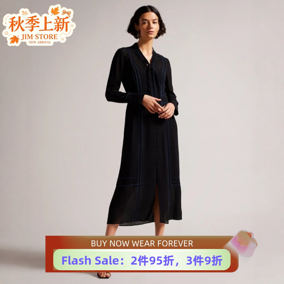 TED BAKER黑色长袖衬衫裙连衣裙中长款线条缝边飘带装饰优雅百搭