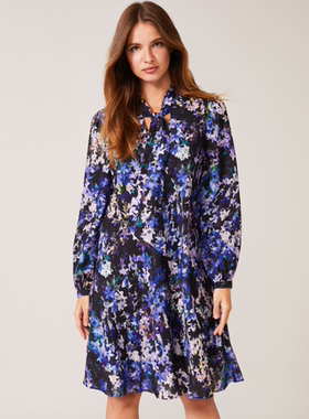 Phase Eight长袖蓝色花色连衣裙一步裙飘带蝴蝶结优雅英伦淑女风
