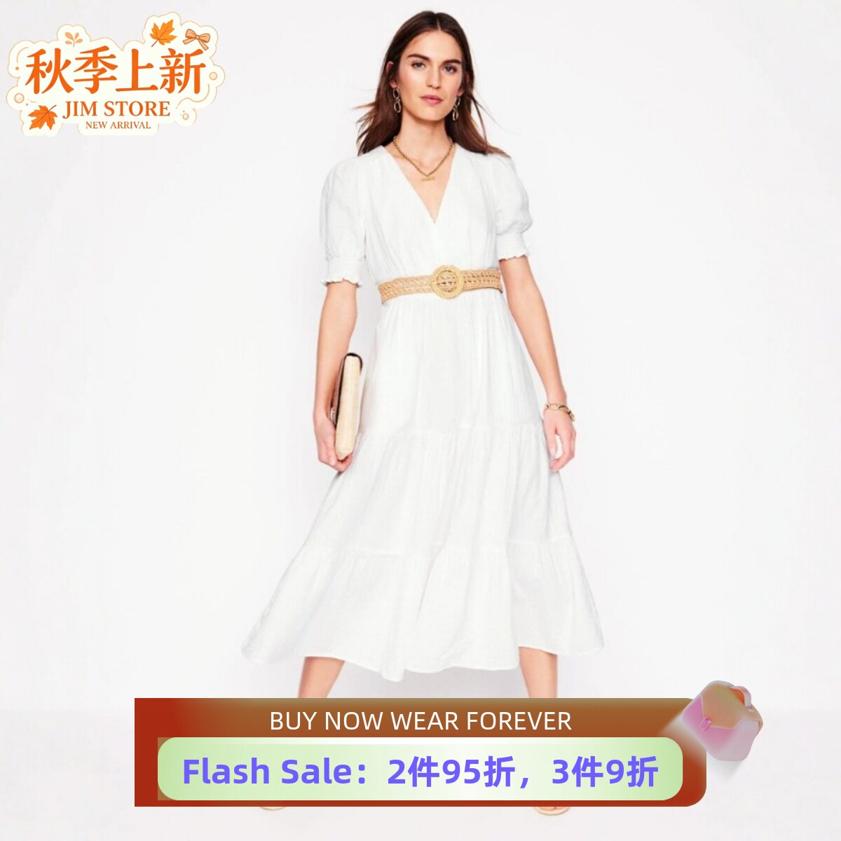 UNI CLOSET短袖棉质连衣裙中长款高腰修身V领清新淑女日常通勤