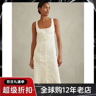 REISS白色亚麻连衣裙背心裙中长蕾丝镂空钩花高腰修身简约百搭