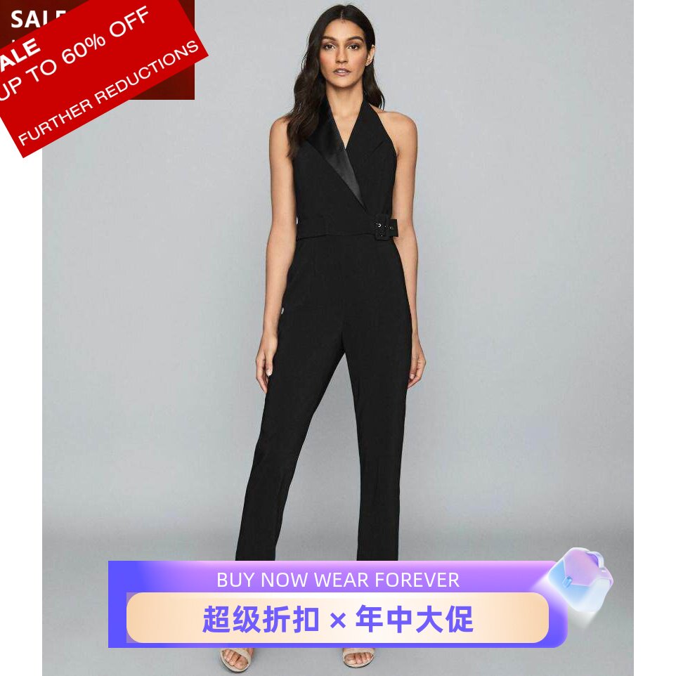 REISS夏季新连体裤连衣裤无袖西服领长裤直筒黑色束腰干练通勤OL