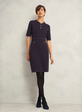 HOBBS藏蓝短袖包臀连衣裙正装裙中长POLO领假两件修身干练OL气质