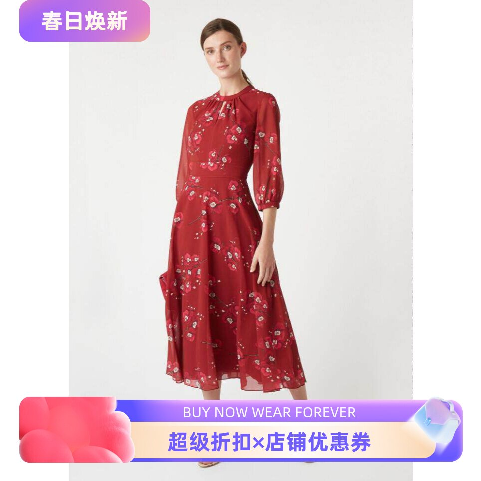 HOBBS七分袖连衣裙中长款红色碎花印花纱网复古英伦淑女气质