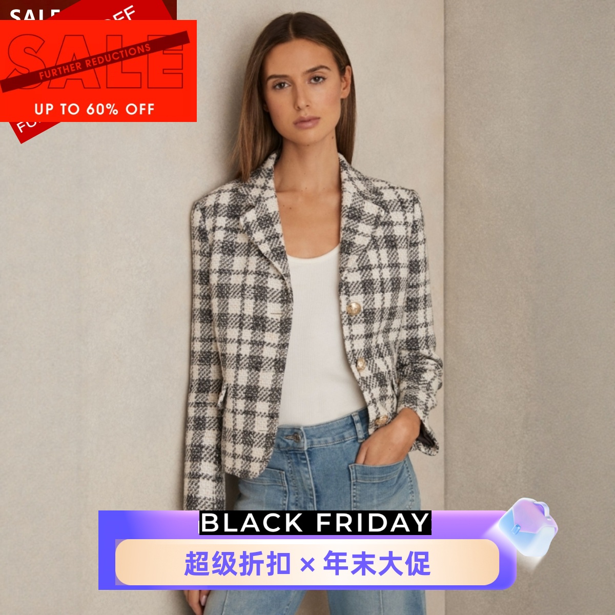 REISS夏季灰白格纹短外套西服领清新百搭通勤OL淑女简约大气