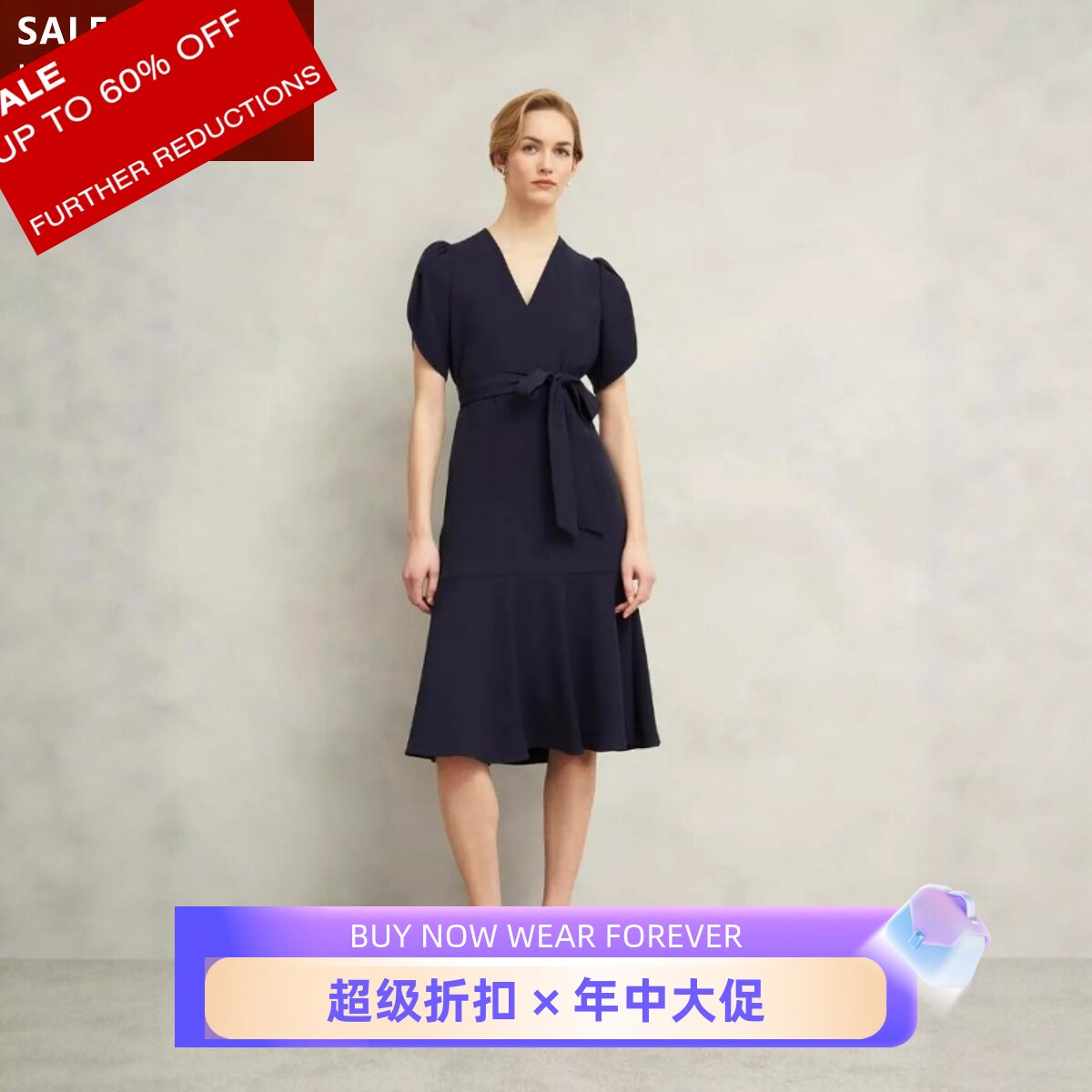 HOBBS藏蓝短袖中长款连衣裙V领系带泡泡袖简约显瘦修身气质通勤