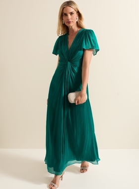 Phase Eight孔雀绿短袖连衣裙礼服裙长裙V领褶皱纱网高腰优雅名媛