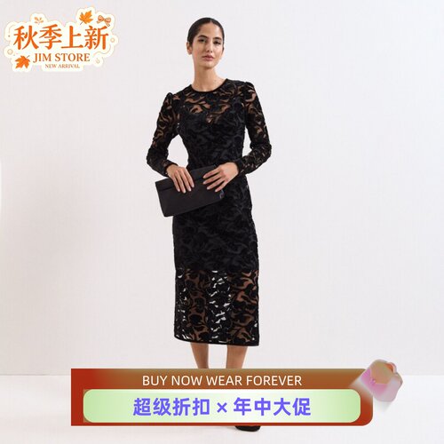 Phase Eight长袖包臀裙连衣裙礼服裙H型中长款重工蕾丝镂空网纱