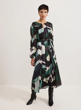 Phase Eight长袖连衣裙中长绿色抽象印花系带优雅英伦风气质显瘦