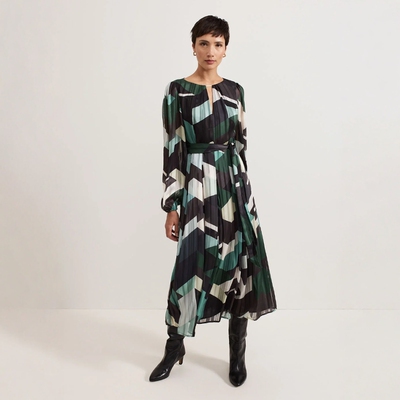 Phase Eight长袖连衣裙中长绿色抽象印花系带优雅英伦风气质显瘦