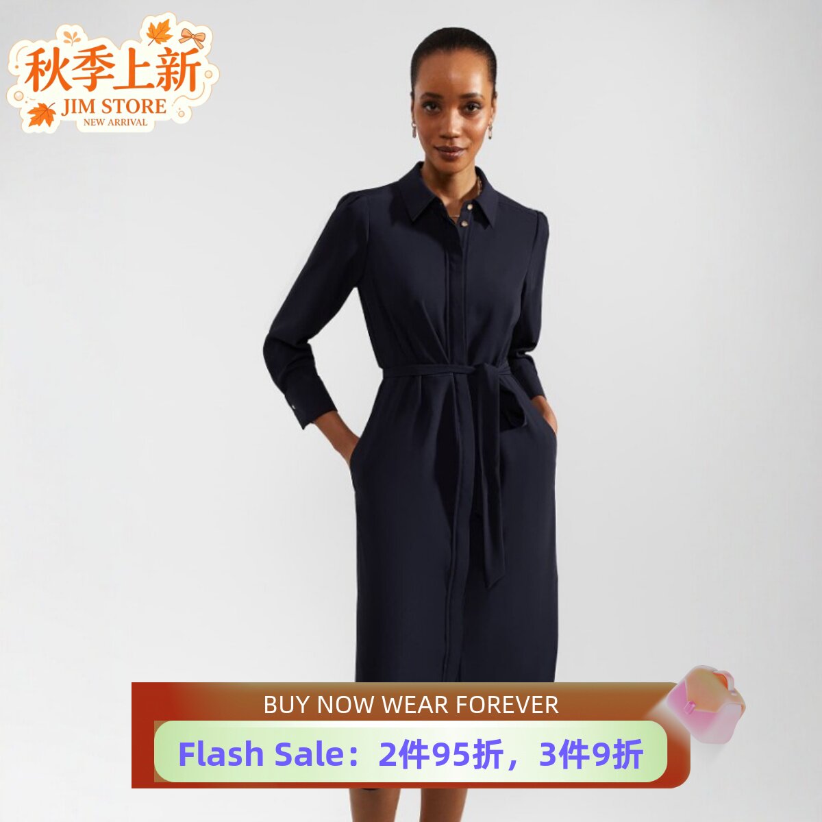 HOBBS藏蓝长袖衬衫裙连衣裙中长系带纯色高腰修身显瘦日常通勤