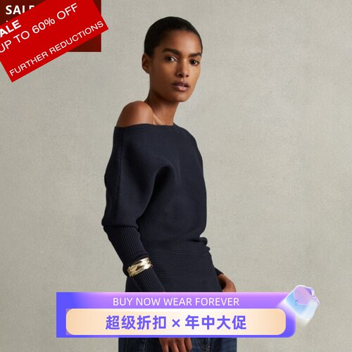 REISS藏蓝针织上衣蝙蝠袖一字领露肩短款修身大气经典百搭气质