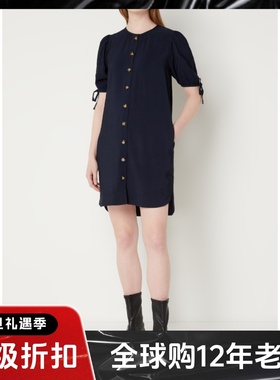 WHISTLES藏蓝短袖连衣裙直筒衬衫裙一步裙简约英伦淑女百搭显瘦
