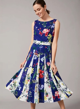 Phase Eight连衣裙中长蓝色碎花高腰修身无袖圆领复古英伦淑女风