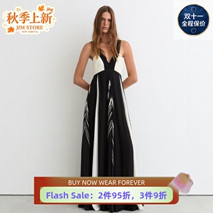 REISS连衣裙长裙礼服裙落地群吊带高腰修身黑白条纹拼色优雅大气