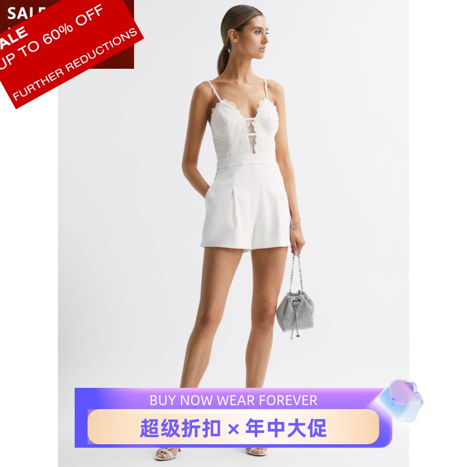 REISS白吊带蕾丝连体裤直筒短裤