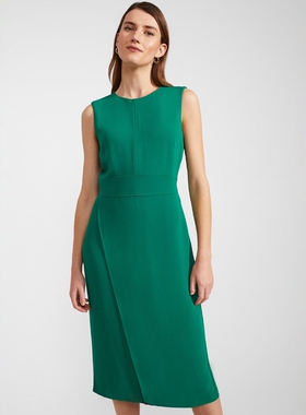 HOBBS绿色包裹连衣裙通勤裙裹腰设计中长纯色优雅干练高腰修身