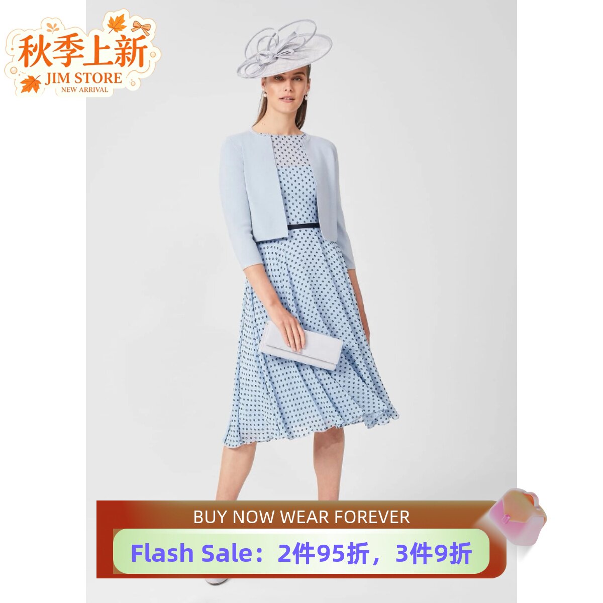 HOBBS浅蓝波点连衣裙A字裙雪纺裙无袖高腰修身清新淑女优雅百搭