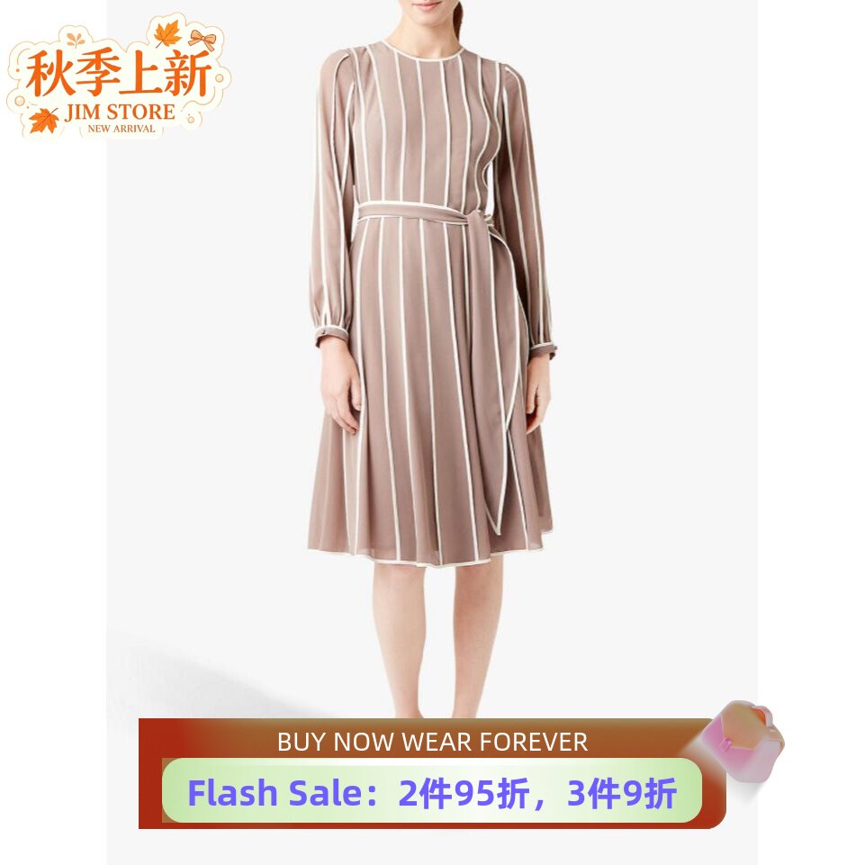 HOBBS新款长袖连衣裙中长百褶裙系带粉色竖条纹清新淑女通勤百搭