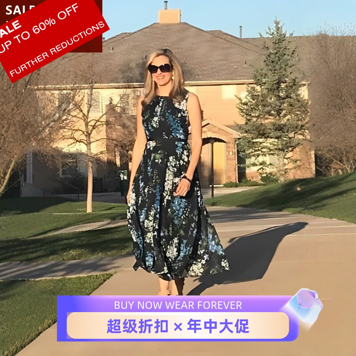 HOBBS连衣裙中长藏蓝碎花A字雪纺气质英伦显瘦淑女百搭通勤