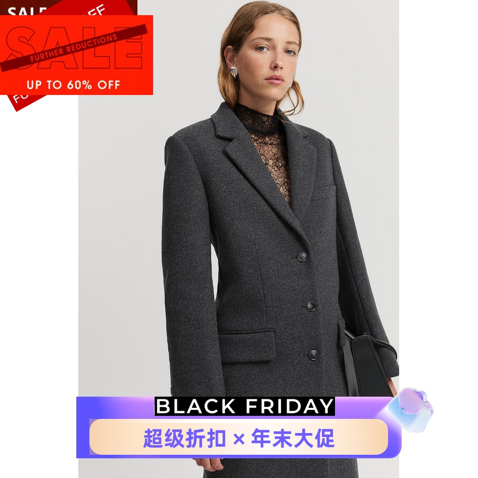 UNI CLOSET炭黑色羊毛毛呢大衣外套中长款西服领单排扣气质英伦