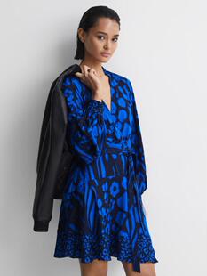 REISS长袖连衣裙蓝色印花短款系带V领优雅名媛英伦风气质百搭