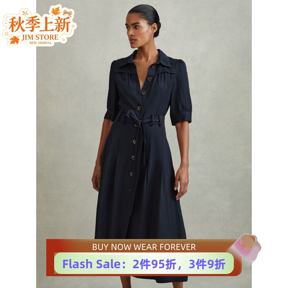 REISS藏蓝短袖衬衫中长亚麻混纺