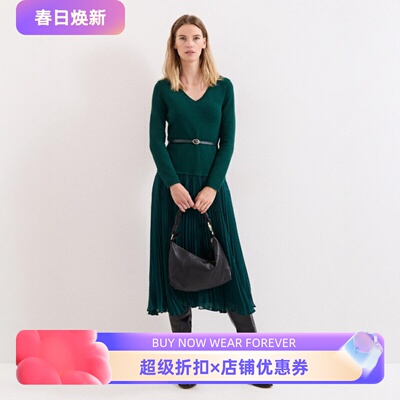 Phase Eight松柏绿长袖连衣裙百褶裙中长纯色假两件V领修身百搭OL