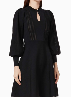 Phase Eight长袖针织连衣裙黑色A字高腰复古英伦气质通勤百搭显瘦