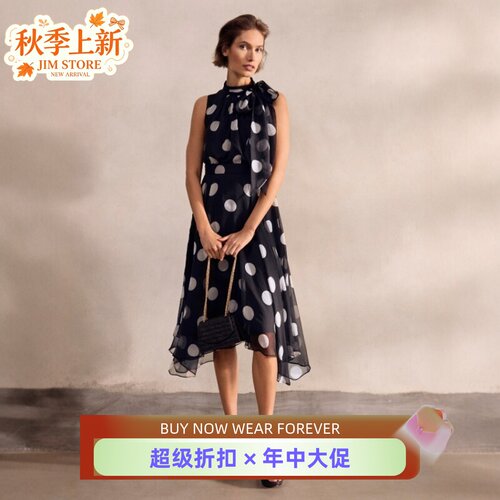 Phase Eight中长黑底波点连衣裙度假裙系带无袖不规则裙摆优雅