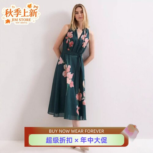 Phase Eight无袖连衣裙V领青绿印花系带高腰修身优雅气质飘逸百搭