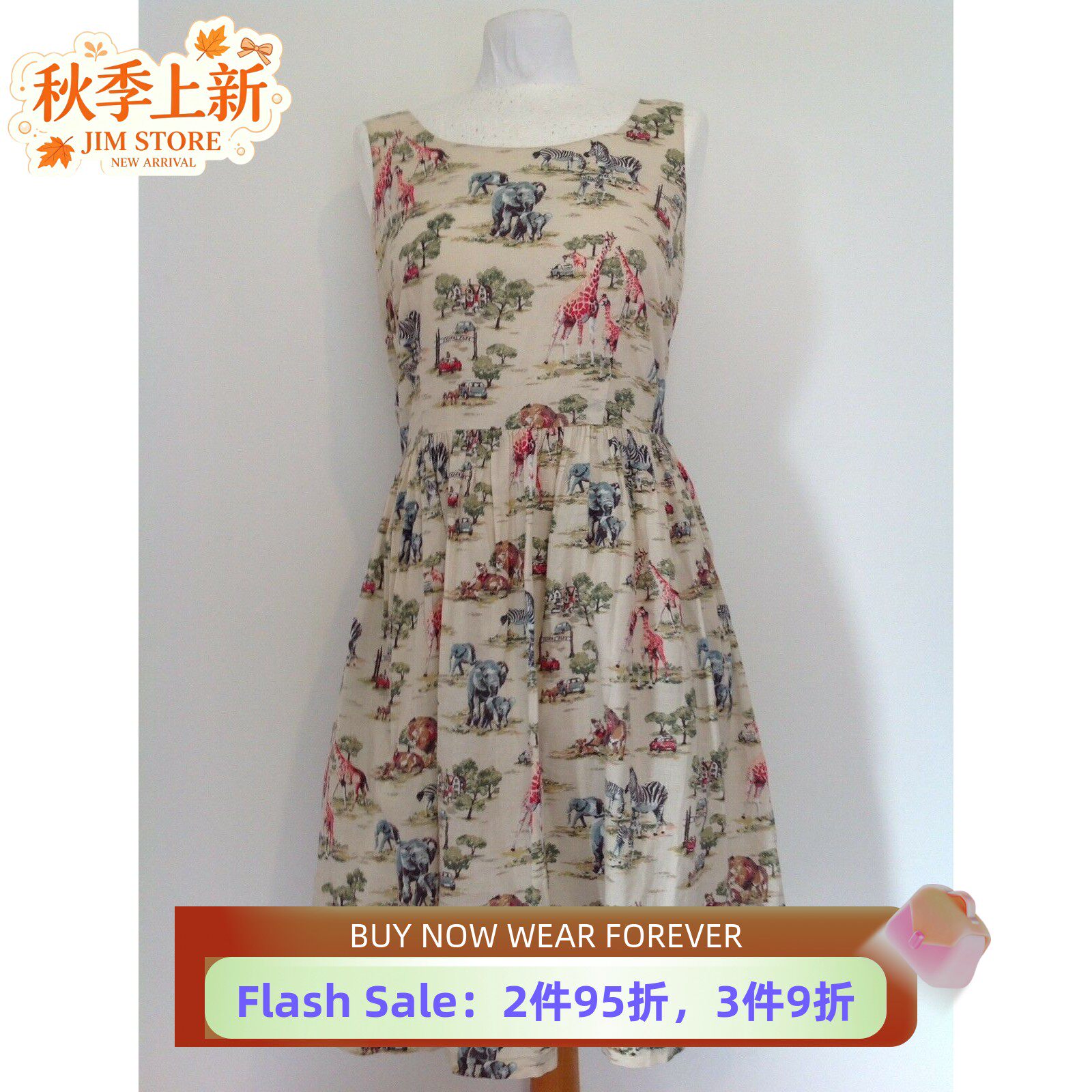Cath Kidston代购连衣裙棉质无袖长颈鹿图案清新淑女学院风百搭