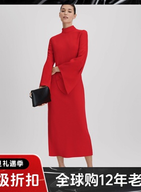 REISS红色连衣裙礼服裙中长裙纯色侧开衩喇叭袖半高领优雅大气
