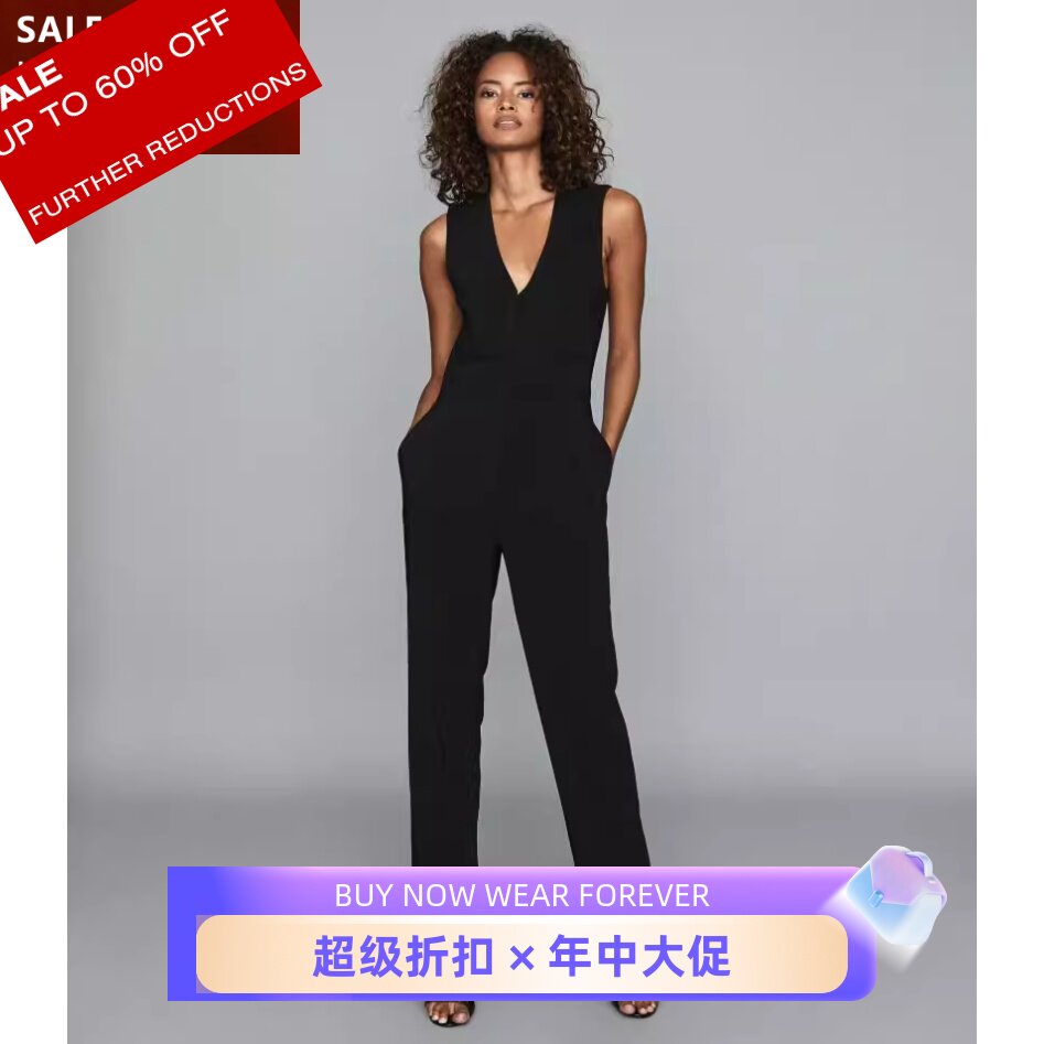 REISS连体裤连衣裤马甲上衣黑色长裤无袖V领高腰干练OL通勤显瘦