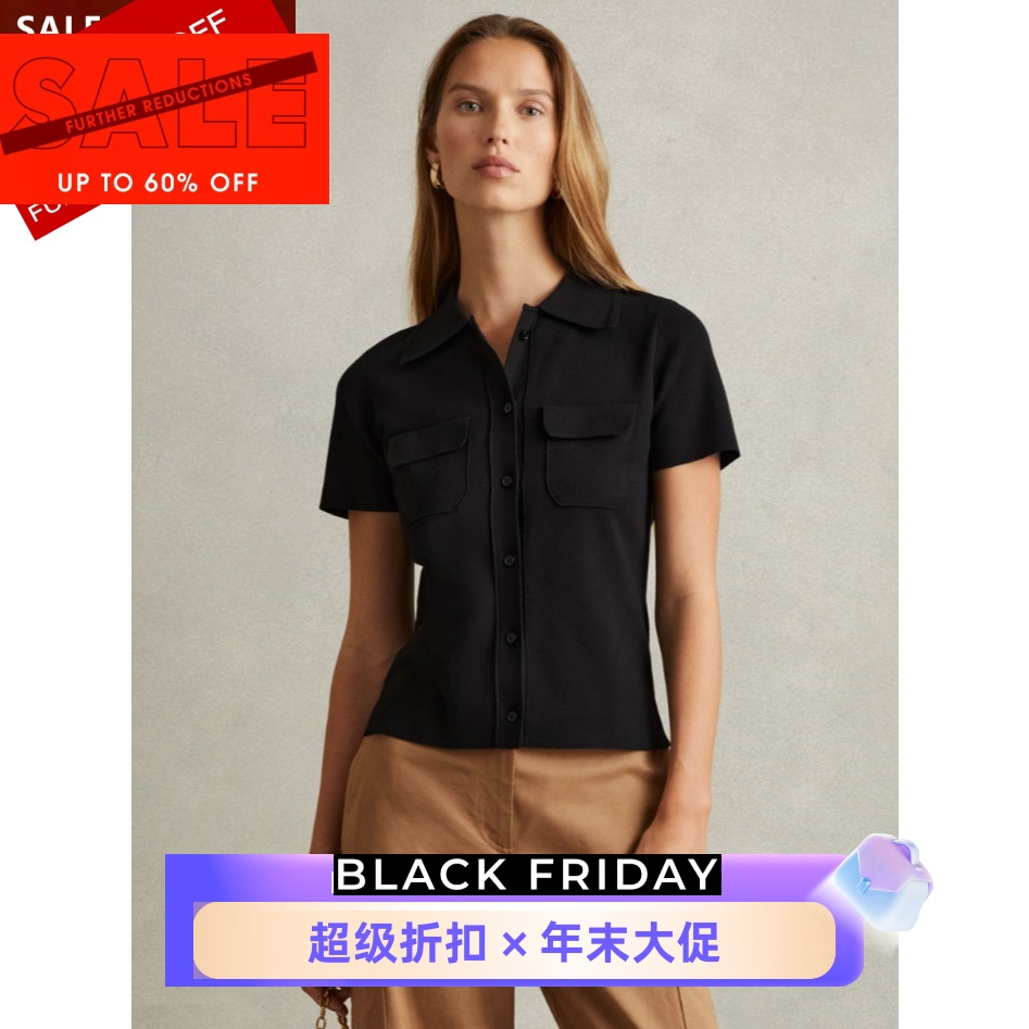 REISS黑短袖衬衫衬衣短款对称口袋纯色修身干练百搭显瘦日常气质