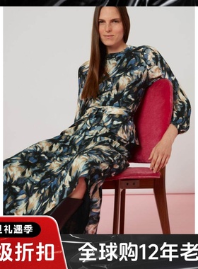 WHISTLES长袖真丝连衣裙撞色A字高腰中长款腰带束腰气质英伦百搭