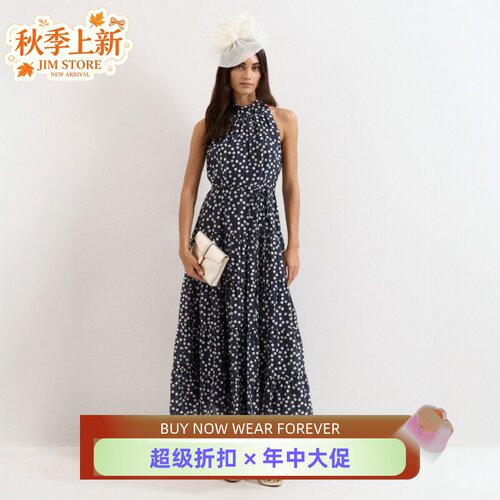 Phase Eight挂脖波点连衣裙藏蓝长裙系带无袖优雅气质旅游度假
