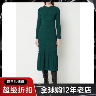 WHISTLES长袖连衣裙中长款青绿色褶皱荷叶边优雅修身英伦百搭